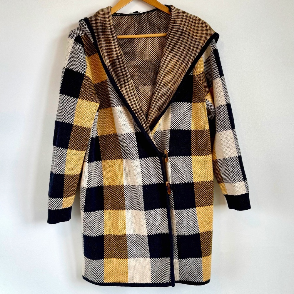 Cabi Long Sweater Coat in Buffalo Check with Hood, Women's Size M
